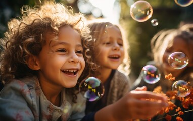 Fototapeta premium A group of kids blowing bubbles interact each other in the park