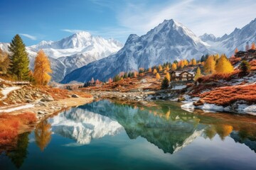 Fototapeta premium Autumn alpine landscape with lake and mountains reflection in water, Stunning winter landscape, A serene mountain lake mirroring the snow-capped peaks surrounding it.