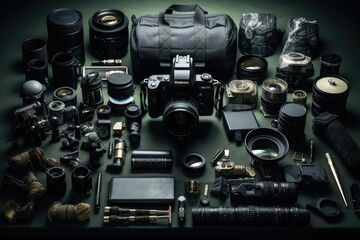 Photographer equipment on dark green background, Shallow depth of field, Photographer workplace with dslr camera system, Camera cleaning kit, Lens and camera accessory on table