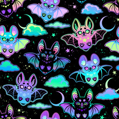 Seamless illustration of cute cartoon bats and clouds