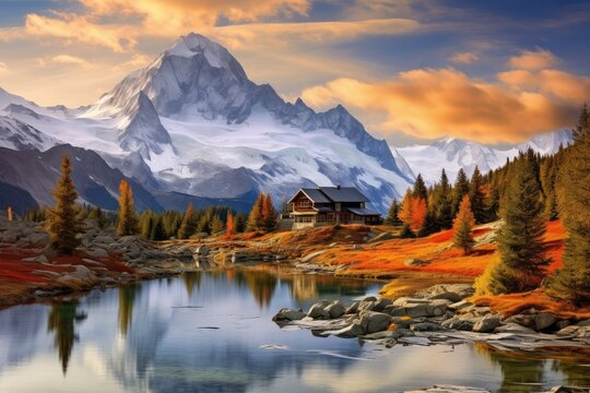 Mountain lake with wooden house on the background of the snowy mountains, autumn landscape, Beautiful autumn landscape with yellow trees, lake and mountain, autumn view of  Lake
