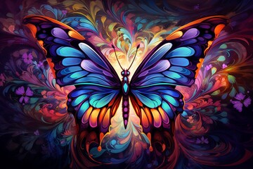 A vibrant 3d abstraction painted butterfly perched delicately on a blooming purple flower, its wings displaying a kaleidoscope of colors.