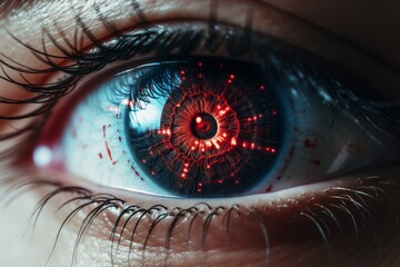 close-up of an eye with an artificial retina. Future technologies for recognizing the environment through scanning using artificial intelligence built into the eyes. Artificial retina of the human eye