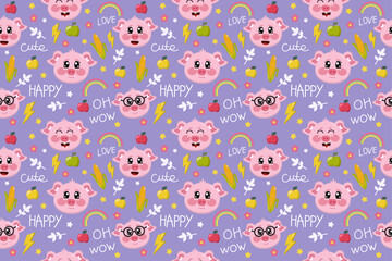 Seamless pattern with cute kawaii pigs with rainbow, apple, corn, flowers, stars and lightning. Design for nursery, for clothes, for sleep, for fabrics, for kids, for postcard, for happy birthday