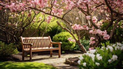 An inviting spring garden with a wooden bench and a blooming tree in the background,