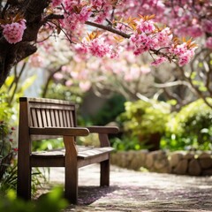 An inviting spring garden with a wooden bench and a blooming tree in the background,