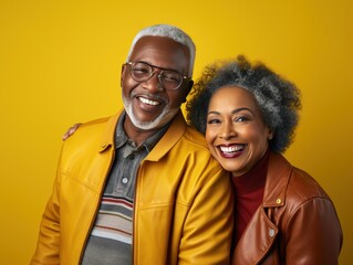 Obraz premium an older couple posing in front of a yellow background,