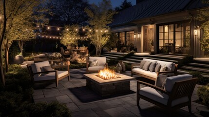 An outdoor patio with a fire pit and comfortable seating,