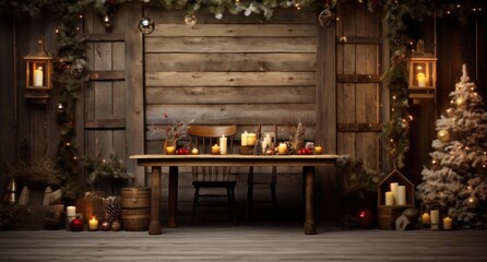 bokeh background with light effects on wooden floor and winter decorations,