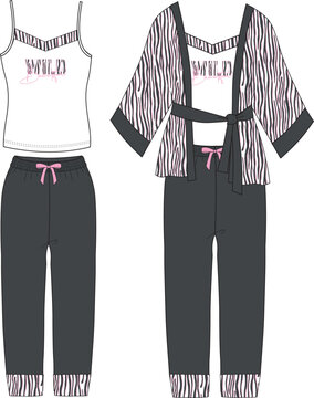 Cami Pajama pant set Sleepwear technical fashion illustration with kimono. zebra pattern.