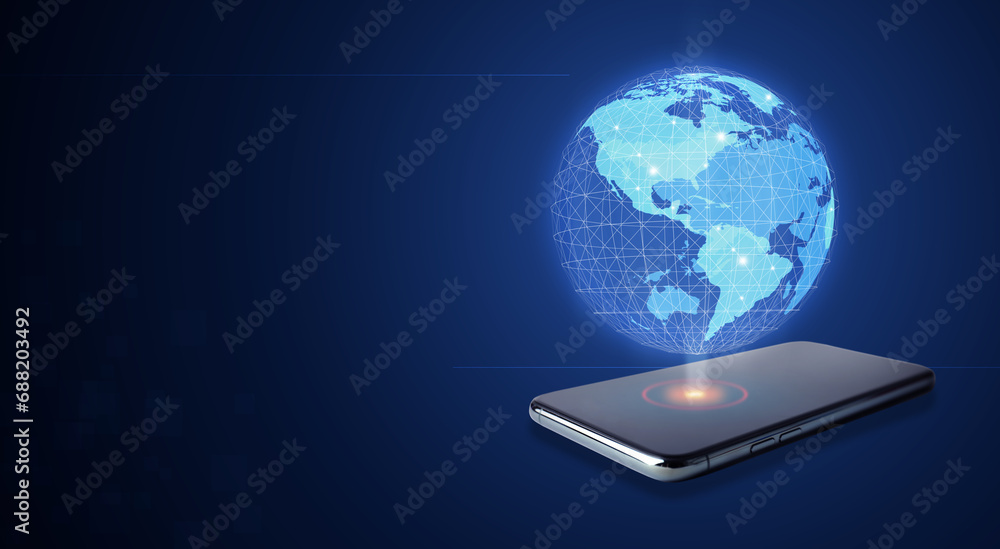 Poster global network. smartphone with digital image of earth on dark blue background. banner design with s