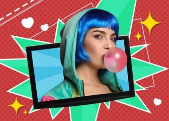 Hype, creative artwork. Woman in colorful wig blowing bubblegum and sticking out of monitor on...
