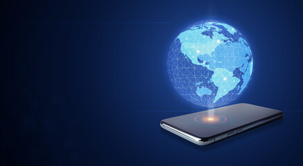 Global network. Smartphone with digital image of Earth on dark blue background. Banner design with space for text