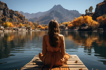 Woman sitting on wooden pier at Ohrid lake shore in Macedonia - obrazy, fototapety, plakaty