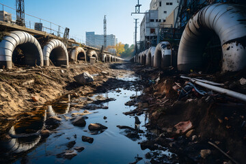 Wastewater pollution, industrial pipe, sewage, dirty water leakage into the river, environment, ecology and pollution