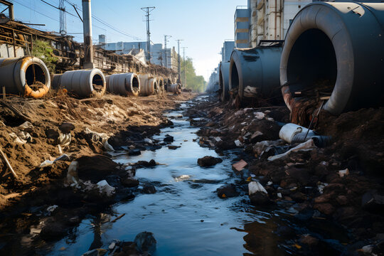 Wastewater pollution, industrial pipe, sewage, dirty water leakage into the river, environment, ecology and pollution