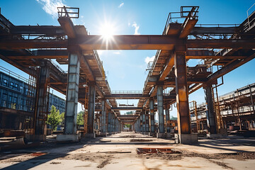 Construction of the steel building s pillars using a crane in a factory under the blue sky - obrazy, fototapety, plakaty