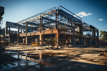 Construction of the steel building s pillars using a crane in a factory under the blue sky - obrazy, fototapety, plakaty