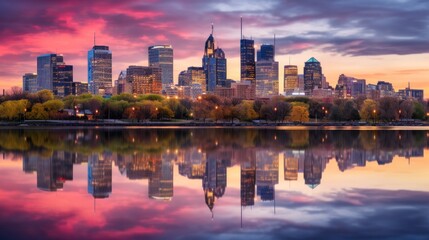 Fototapeta premium a city skyline reflected in a calm body of water,