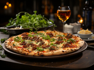 Gourmet Italian Pizza with Sun-dried Tomatoes, Arugula, and Shaved Parmesan - Perfectly Paired with a Glass of White Wine