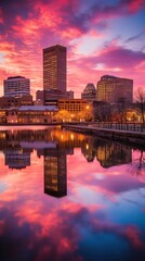 Fototapeta premium a city skyline reflected in a calm body of water,