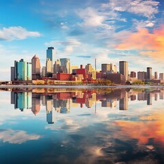 Obraz premium a city skyline reflected in a calm body of water,