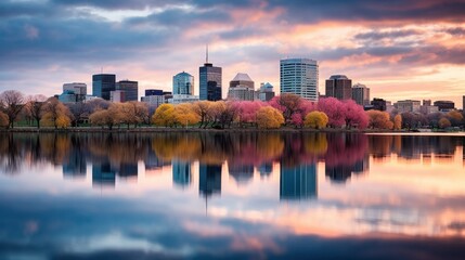 Obraz premium a city skyline reflected in a calm body of water,