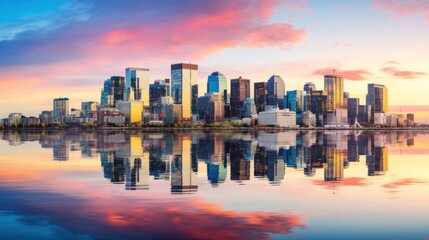 Naklejka premium a city skyline reflected in a calm body of water,