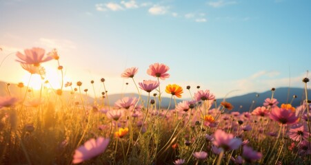 colorful flowers in a field with blue sky and sun