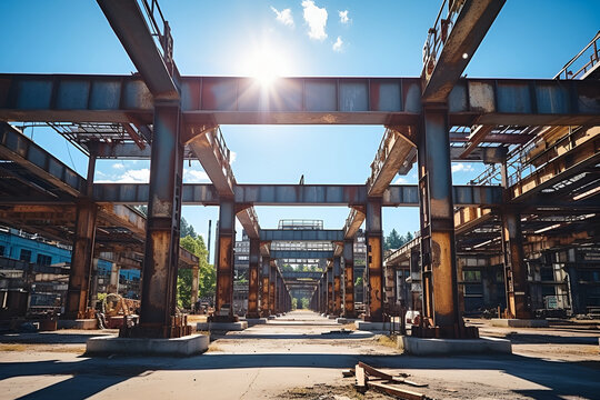 Construction of the steel building s pillars using a crane in a factory under the blue sky