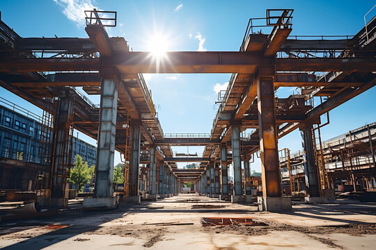 Construction of the steel building s pillars using a crane in a factory under the blue sky