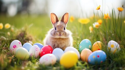 A cute bunny surrounded by colorful eggs and sitting in a grassy field