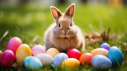 Fototapeta na wymiar A cute bunny surrounded by colorful eggs and sitting in a grassy field