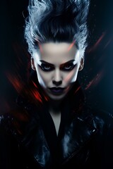 a poster-worthy showcasing a mesmerizing female villain with intense gaze and charisma. generative AI
