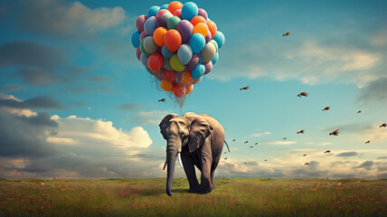 elephant on the field with colorful balloons