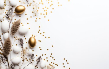 easter eggs and dried plants on white background