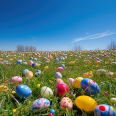 A grassy meadow with a clear blue sky and Easter eggs scattered throughout.