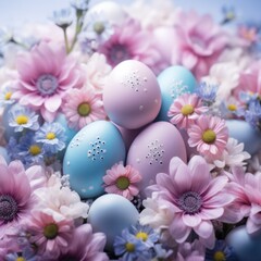 A soft pastel background with Easter eggs and flowers in shades of pink, blue, and lavender.