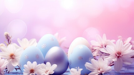 Fototapeta na wymiar A soft pastel background with Easter eggs and flowers in shades of pink, blue, and lavender.