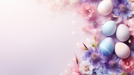 A soft pastel background with Easter eggs and flowers in shades of pink, blue, and lavender.