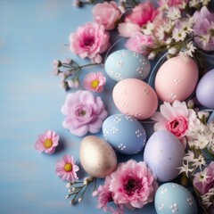 Obraz na płótnie Canvas A soft pastel background with Easter eggs and flowers in shades of pink, blue, and lavender.