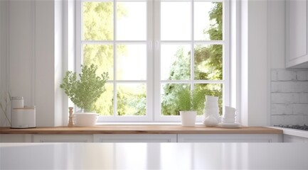 Fototapeta na wymiar full view of white kitchen table and windows white kitchen