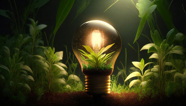 Sustainability innovation concept: light bulb in the green woods