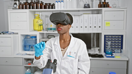 Incredible african-american woman scientist, armed with cutting-edge virtual reality glasses,...