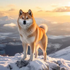 Majestic Akita on a Snowy Mountain Peak at Sunrise