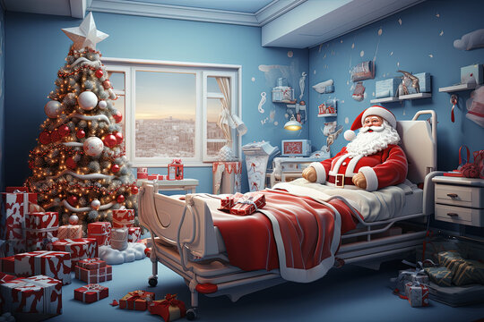 ilustraci&oacute;n de pap&aacute; noel en la cama de un hospital con decoraci&oacute;n navide&ntilde;a, &aacute;rbol de navidad paquetes regalo