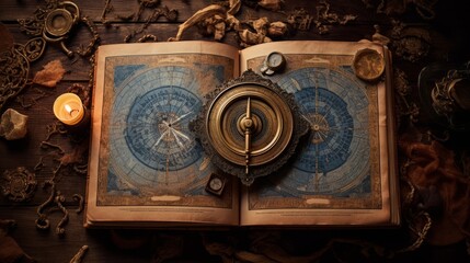 Fototapeta na wymiar ancient book on wooden table, top view, nautical, product photography, copy space, 16:9
