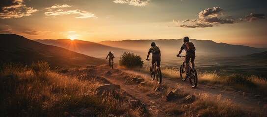 Mountain bikers riding on a mountain trail during sunset - obrazy, fototapety, plakaty