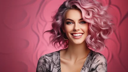 Tuinposter beautiful young woman smiling with curly pink hair on pink background © Photo And Art Panda