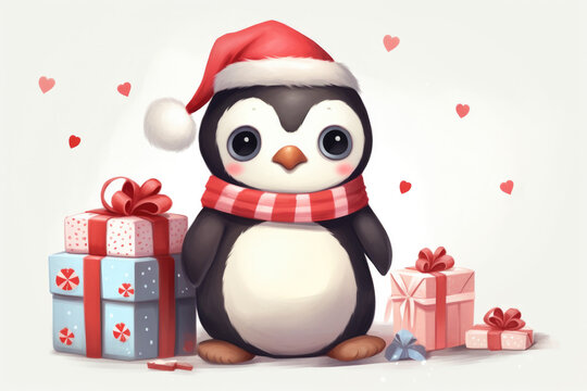 Cute penguin in a hat and scarf with gifts, illustration, Christmas mood